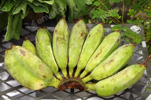 Preview: Branch of green bananas on Thai street market.