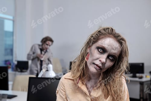 Preview: Young zombie businesswoman standing in front of camera on background of desks with computer monitors