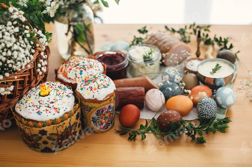 Preview: Easter modern eggs, cake, ham, beets, butter in rustic basket decorated with green buxus branches