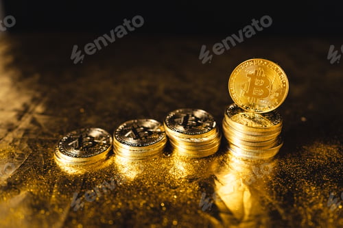 Preview: bitcoin growth,bitcoin coins stacked on black gold background