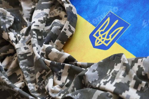 Preview: Ukrainian flag and coat of arms with fabric with texture of pixeled camouflage