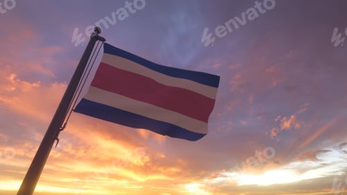 Preview: Costa Rica Flag on Flagpole by Evening Sunset Sky