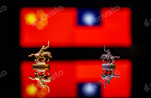 Preview: Conceptual image of war between China and Taiwan using toy soldiers and national flags