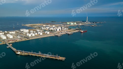 Preview: Aerial view oil terminal and coal power plant station in sea, White oil storage tank chemical petrol