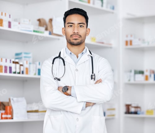 Preview: Pharmacist, man and arms crossed for healthcare service, medicine inventory and store management. P