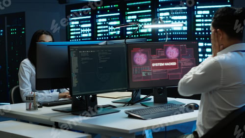 Preview: Team of programmers in server hub trying to protect hardware from hacker