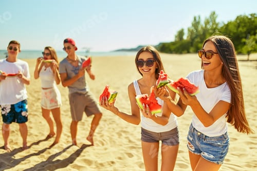Preview: Group of friends having fun eating watermelon on beach. Excellent sunny weather. Super mood. Summer