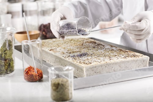 Preview: Laboratory worker dressed in white gown and gloves holding glass container with seeds working experi