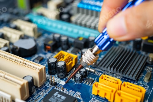 Preview: technician repairing inside of hard disk by soldering iron. Integrated Circuit.