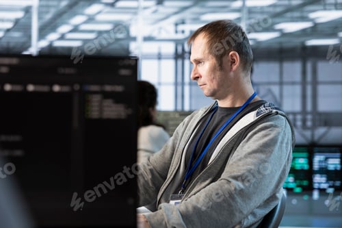 Preview: Software developer in server farm ensuring compliance with industry standards