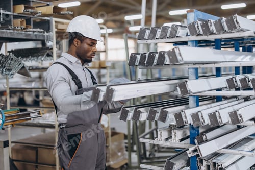 Preview: Factory worker checking aluminum window frames in production line