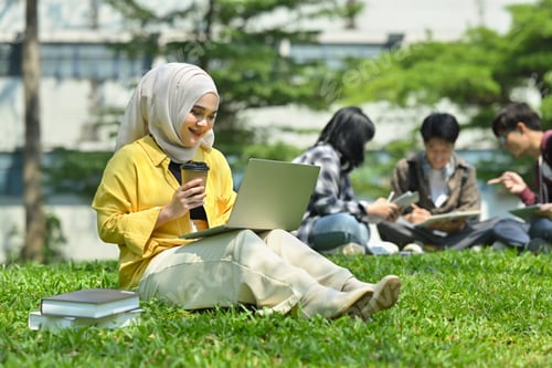 Preview: Smiling asian muslim student using laptop on green grass in campus with friends.