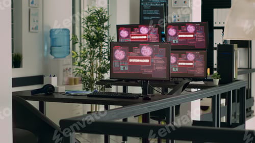 Preview: IT office with multiple monitors showing critical error message flashing on screens