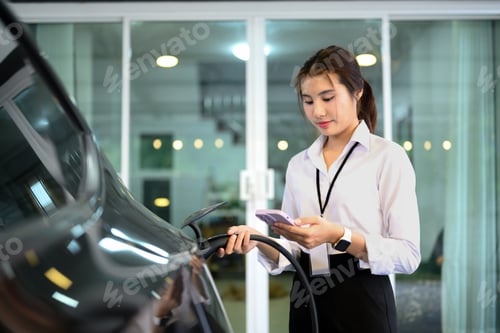 Preview: Young woman plugging in electric charger into car and using smartphone.