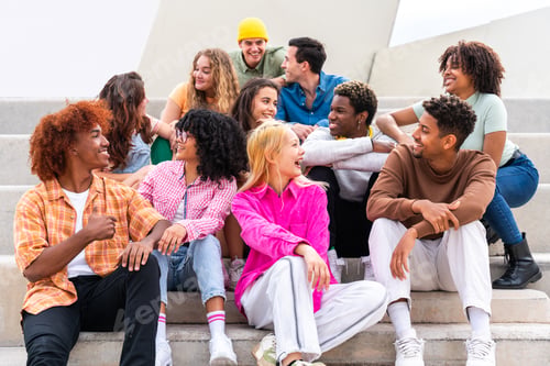 Preview: Happy playful multiethnic group of young friends bonding outdoors
