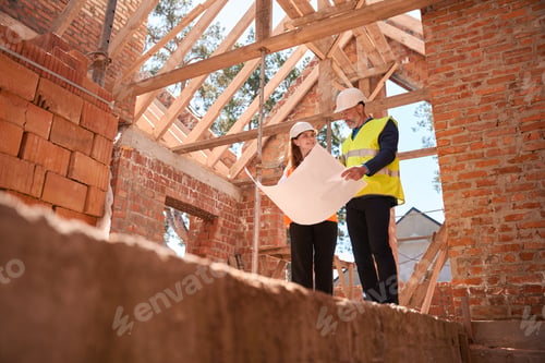 Preview: Female architect and male contractor discussing floor plan looking at project