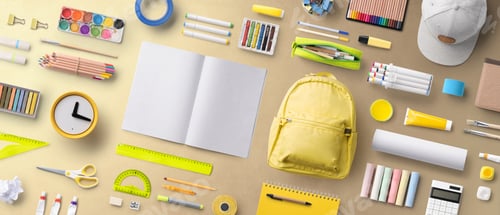 Preview: Flat lay top view of face mask and school supplies, back to school and coronavirus concept.