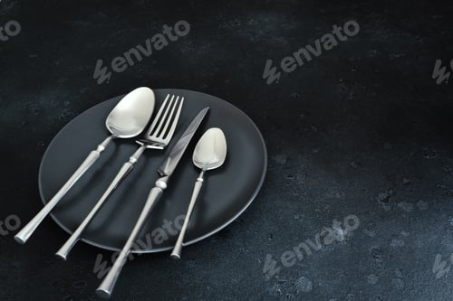 Preview: Cutlery and dish on dark textured background. Table setting