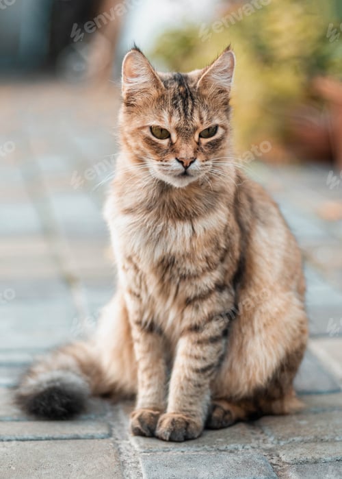 Preview: Beautiful braun fluffy wool cat looks at camera on the street