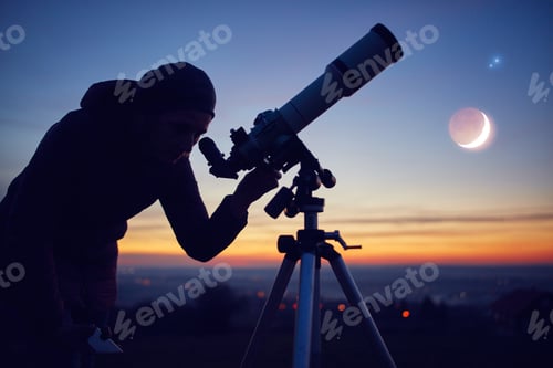 Preview: Woman Looking At Night Sky With Amateur Astronomical Telescope.