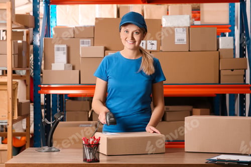 Preview: Post office worker with scanner reading parcel barcode at counter