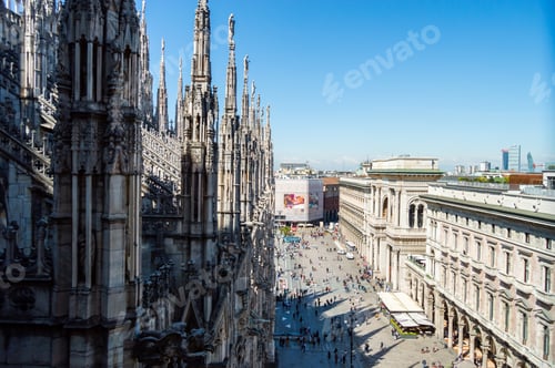 Preview: Bustling Piazza at Milan Duomo with Gothic Details