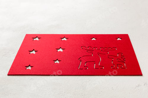 Preview: Perspective view of red tablecloth for food on cement background. Empty space for your design