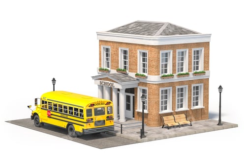 Preview: School building with yellow school bus isolated on white.