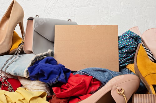 Preview: Fast fashion background with pile of cheap, low quality clothes. Garment made in inhumane conditions