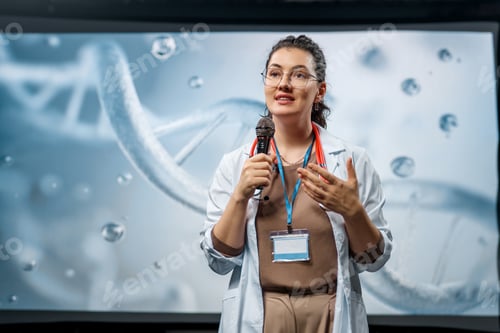 Preview: woman is giving a presentation at a conference