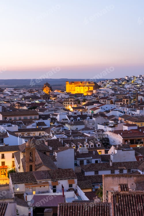 Preview: Rooftops cityscape of Antequera in Andalusia, Spain at evening