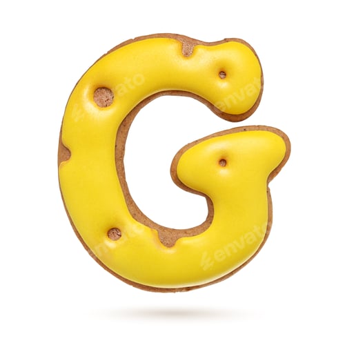 Vista previa: Capital letter G yellow gingerbread biscuit isolated on white.