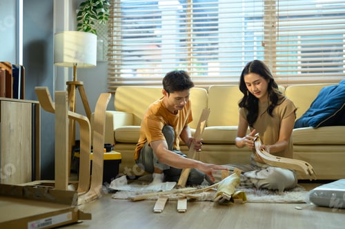 Preview: Photo series of young asian couple assembly a new furniture at home