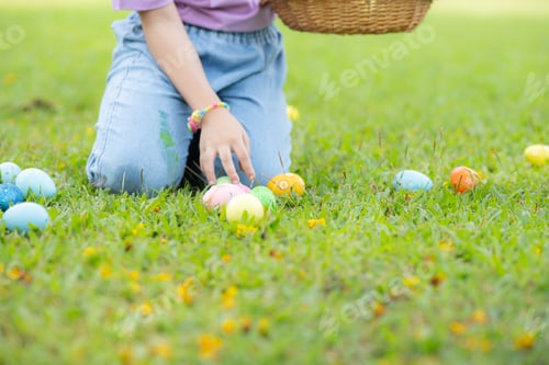 Preview: Children enjoying outdoor activities in the park including a run to collect beautiful Easter eggs.