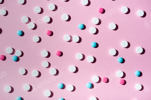 Preview: top view of various colorful medical tablets on pink