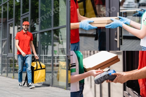 Preview: Collage of smiling delivery man giving pizza boxes to woman paying with credit card on urban street