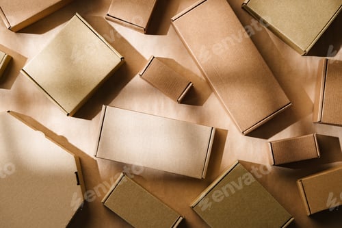 Preview: Multiple cardboard boxes arranged on a surface for packaging and shipping in a warehouse setting