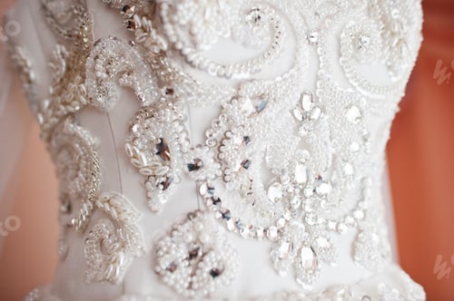 Preview: Closeup of brilliant and stones on wedding dress