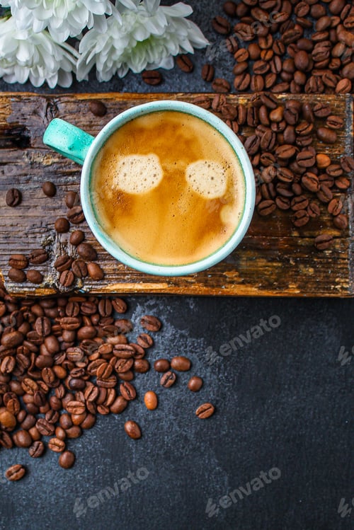 Preview: Coffee Drink And Coffee Grain (Beverage, Delicious Hot Drink). Top View. Copy Space