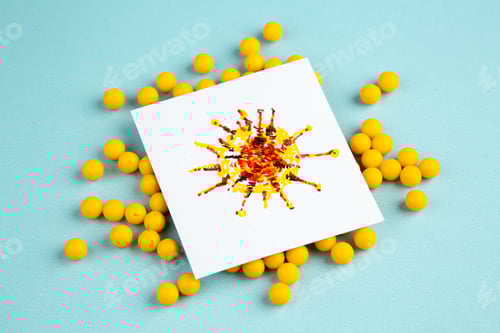 Preview: front view yellow vitamine pills with covid drawing on blue background lab color virus hospital