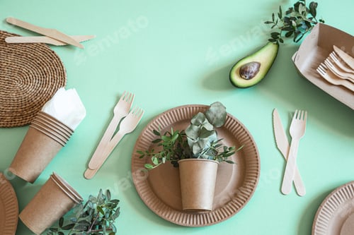 Preview: Eco-friendly disposable utensils made of bamboo wood and paper on a trending background.