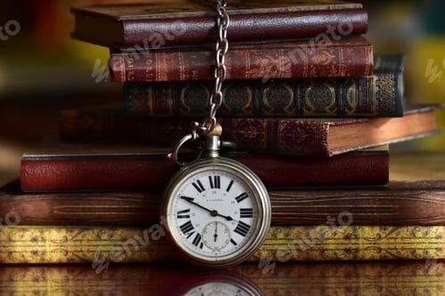 Preview: An old pocket watch with long chain placed on a table in front of a stack of old books