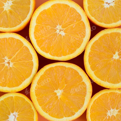 Preview: Top view of a several orange fruit slices on bright background in orange color. A