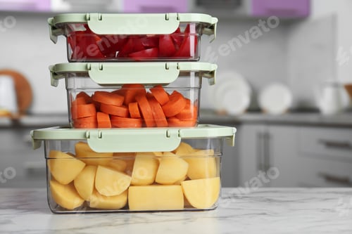 Preview: Boxes with fresh raw vegetables on table in kitchen, space for text