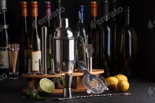 Preview: Professional cocktail bar composition featuring a stainless tools
