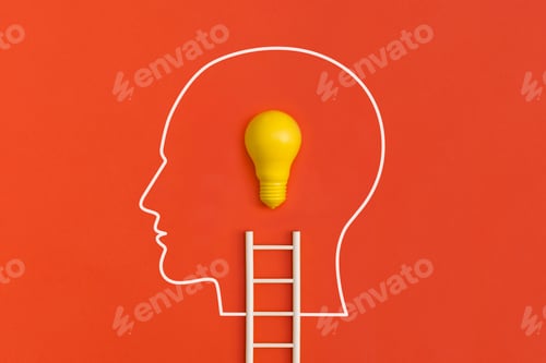 Preview: Human head with lightbulb on red background. Inspiration and creative idea concept.