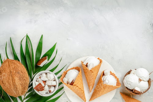 Preview: Coconut ice cream on concrete grey background. Top view, Copy space.