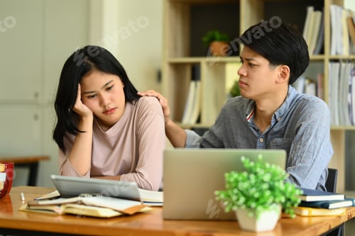 Preview: Caring male student consoling his female friend. Friendship, support and youth lifestyle concept.
