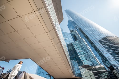 Preview: Modern financial district with business wwoman