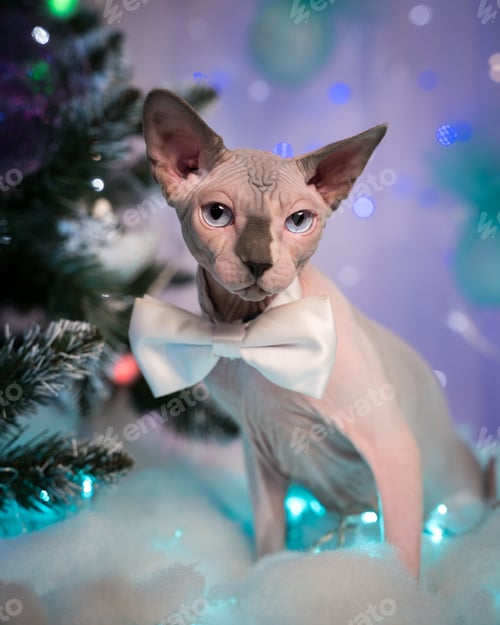 Preview: Sphynx Cat with bow tie around neck against background Christmas tree and festive Christmas lights